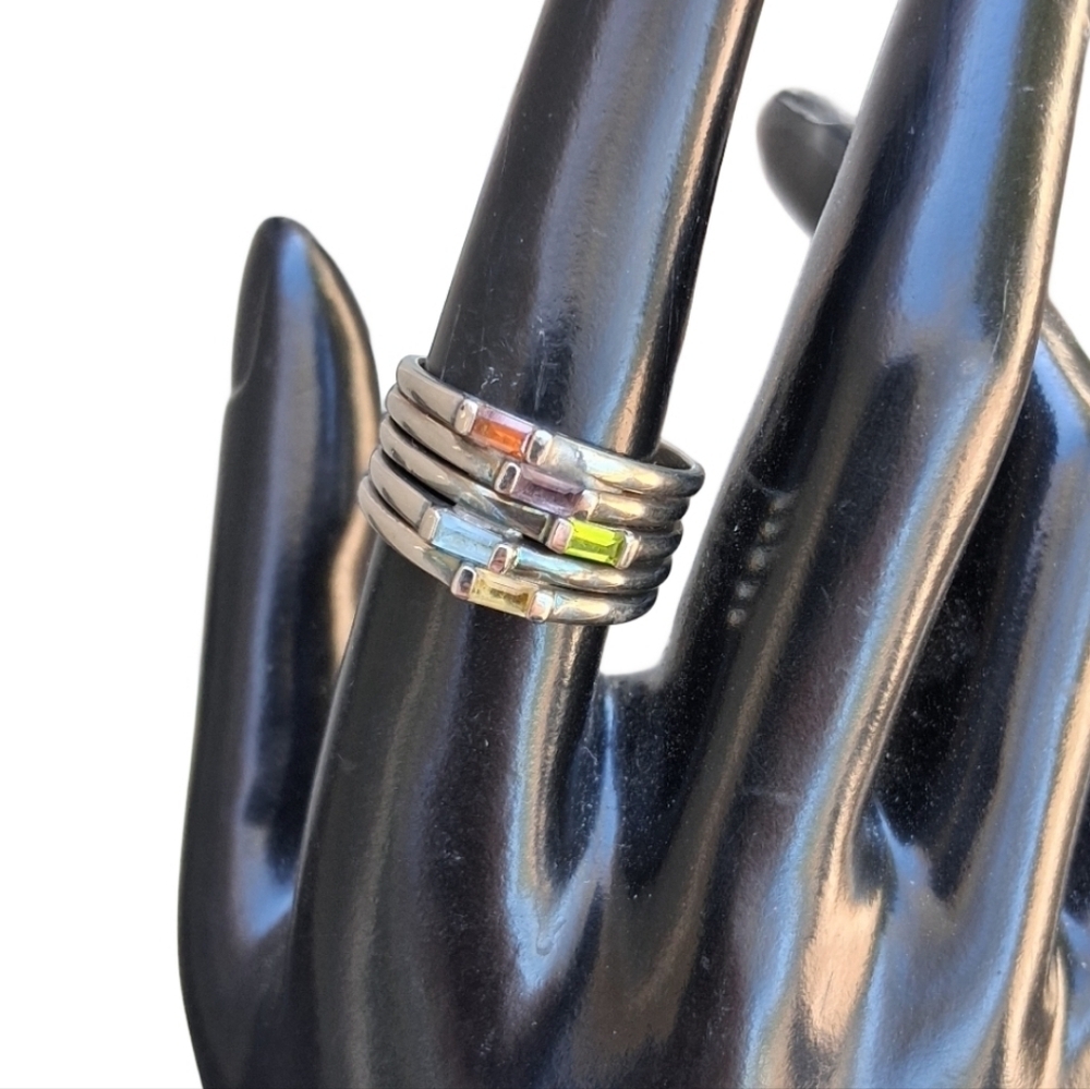 VTG Sterling Silver Multi-Gemstone Stack Ring 5-Band Baguette .925